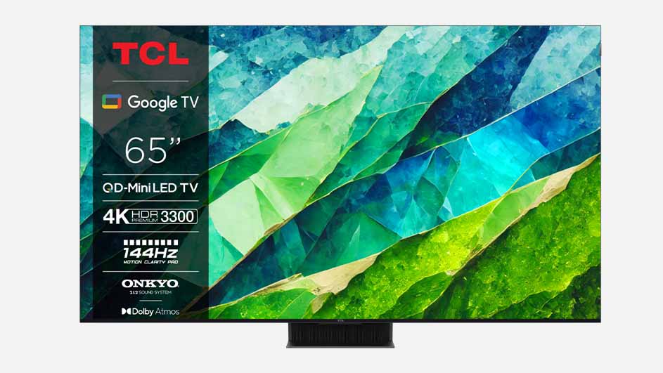 Vooraanzicht van een TCL QD-MiniLED-televisie van 65 inch met een abstract patroon in groene, blauwe en witte tinten.