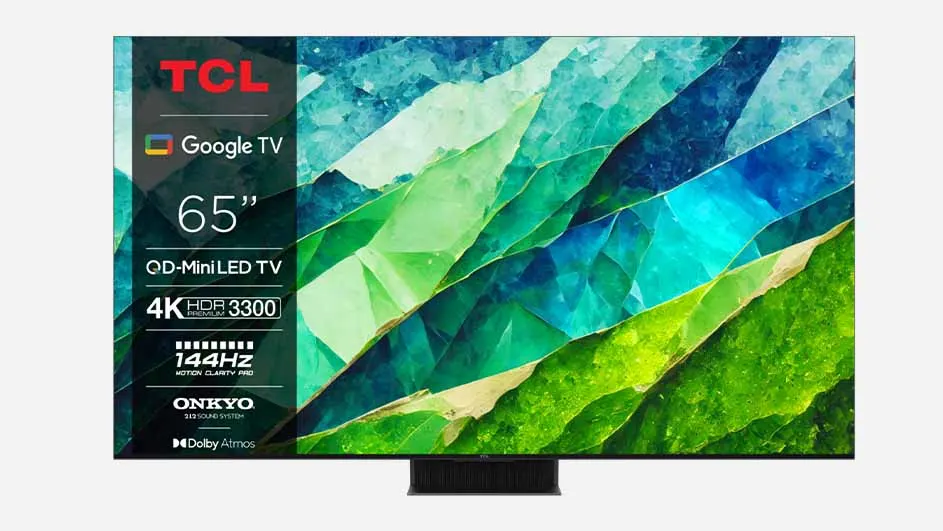 Vooraanzicht van een TCL QD-MiniLED-televisie van 65 inch met een abstract patroon in groene, blauwe en witte tinten.