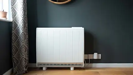 Een witte radiator staat tegen een donkere muur met een spiegel erboven, naast een raam met gordijnen.