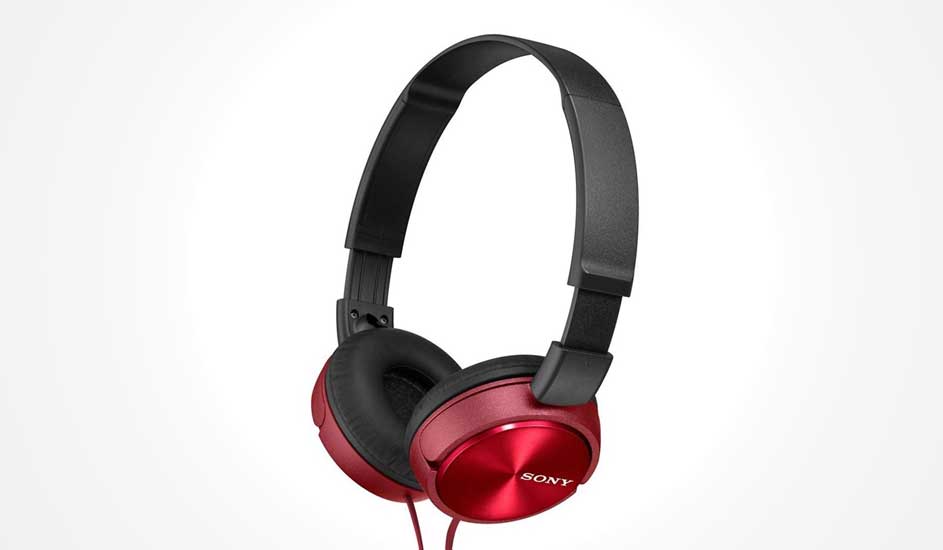Slim on ear headphones with shiny metallic red cups, soft black padding and an adjustable headband, plus a matching red cable hanging down.