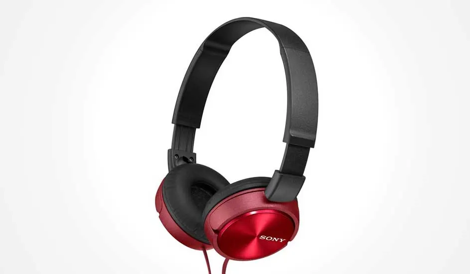 Slim on ear headphones with shiny metallic red cups, soft black padding and an adjustable headband, plus a matching red cable hanging down.
