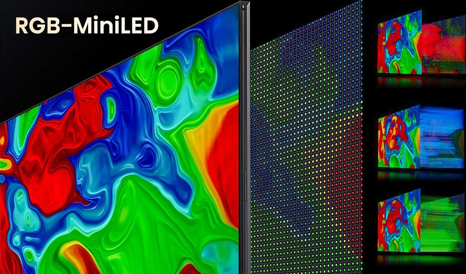 Een RGB-MiniLED display presenteert levendige thermische visualisatie in rood, groen, blauw en geel. Groot linkerscherm toont abstracte golvende patronen. Rechtszijde kleinere monitors. Toptechnologie demonstratie.