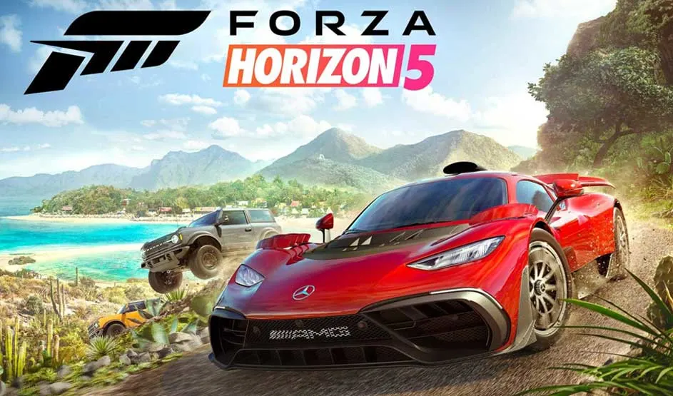 Twee sportauto’s racen door een tropisch landschap met bergen en zee. Forza Horizon 5 en Mercedes zijn duidelijk zichtbaar op de afbeelding.
