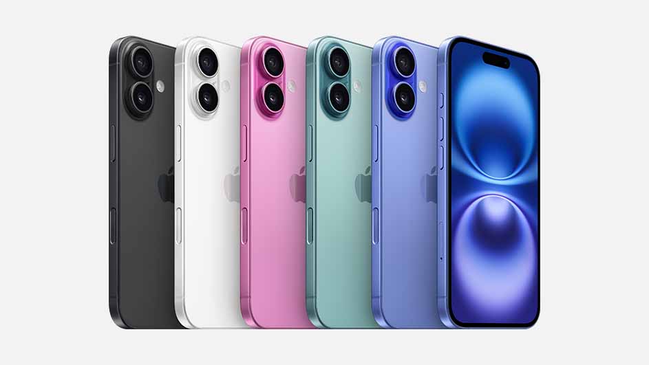 Zes iPhones in rij; zwart, wit, roze, groen, lila, met blauw scherm. Elk toestel heeft twee camera lenzen aan de achterkant.