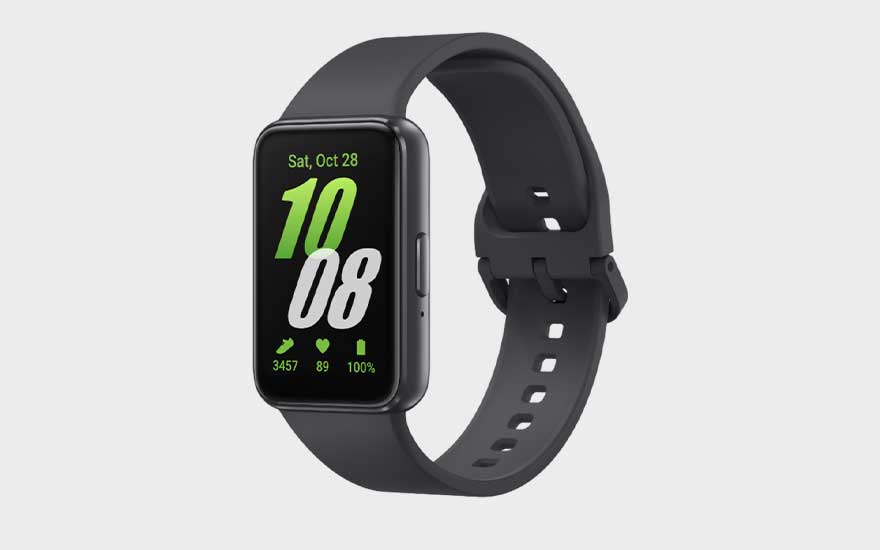 A black smartwatch with a silicone strap displays the time, date, steps, heart rate and battery on a vivid screen.
