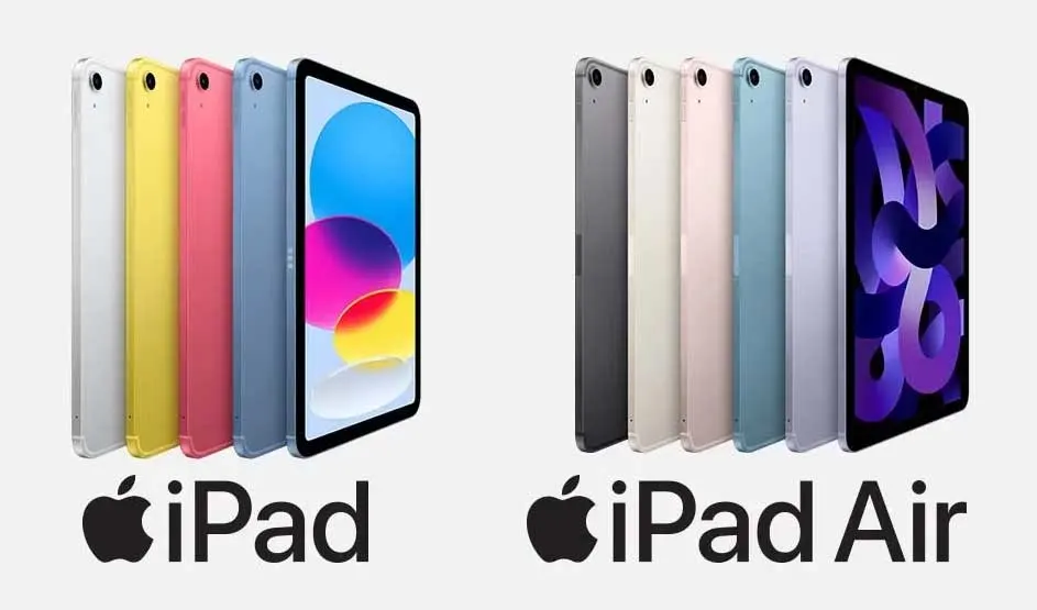 Rij iPads en iPad Airs in meerdere kleuren, deels van achteren, met twee schermen vooraan en de Apple-logo’s onderaan.