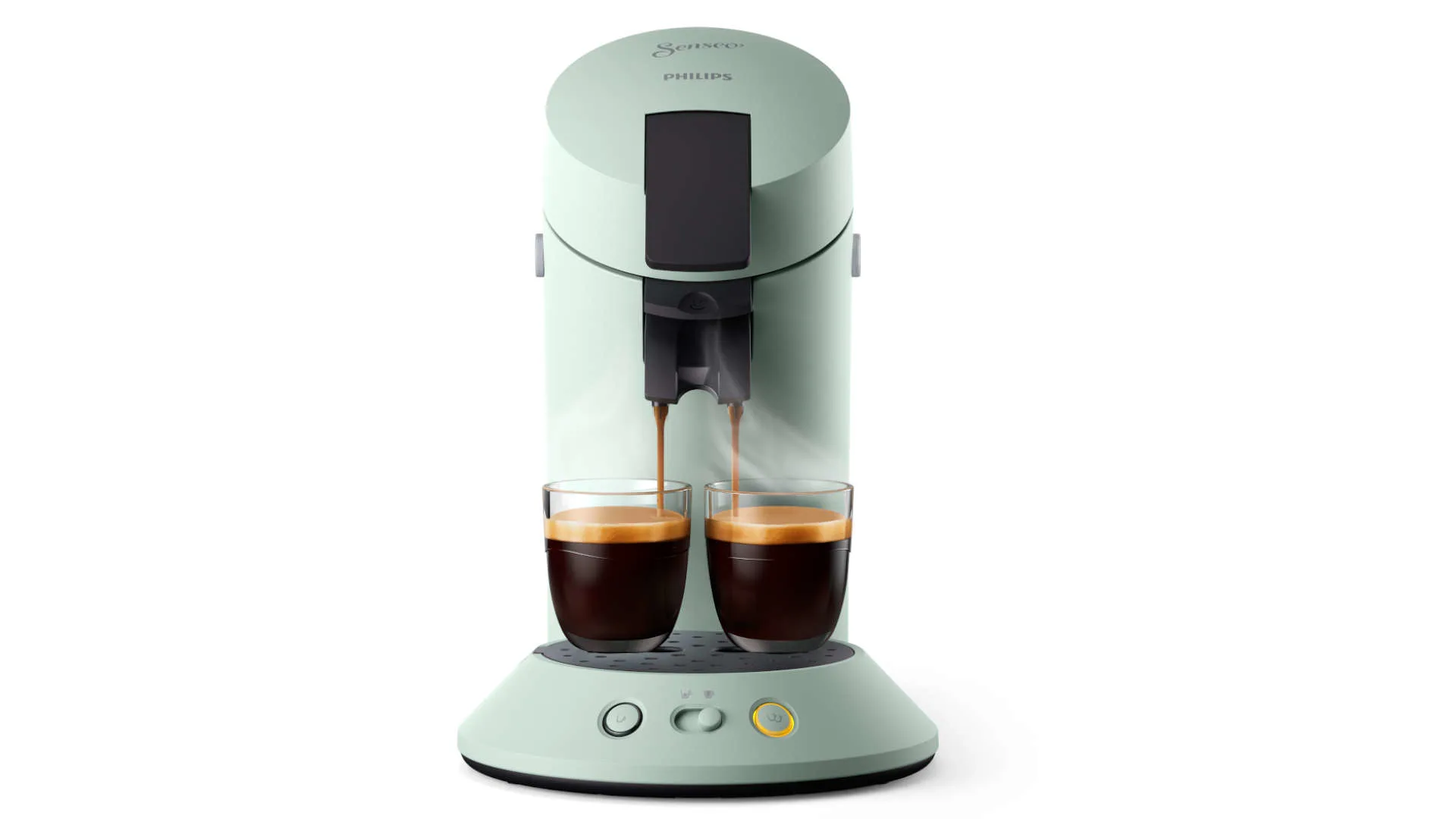 Een lichtgroen Senseo-koffiezetapparaat vult twee glazen met koffie op een witte achtergrond.
