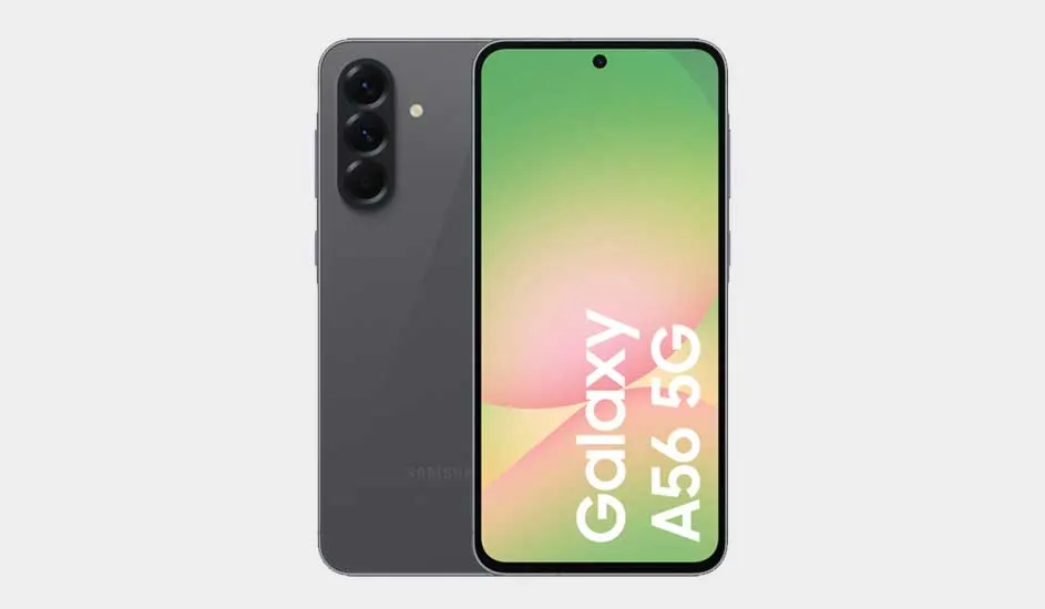 Een zwarte Samsung Galaxy A56 5G-smartphone met groot display en drievoudige camera, moderne uitstraling en opvallende kleuren op het scherm.