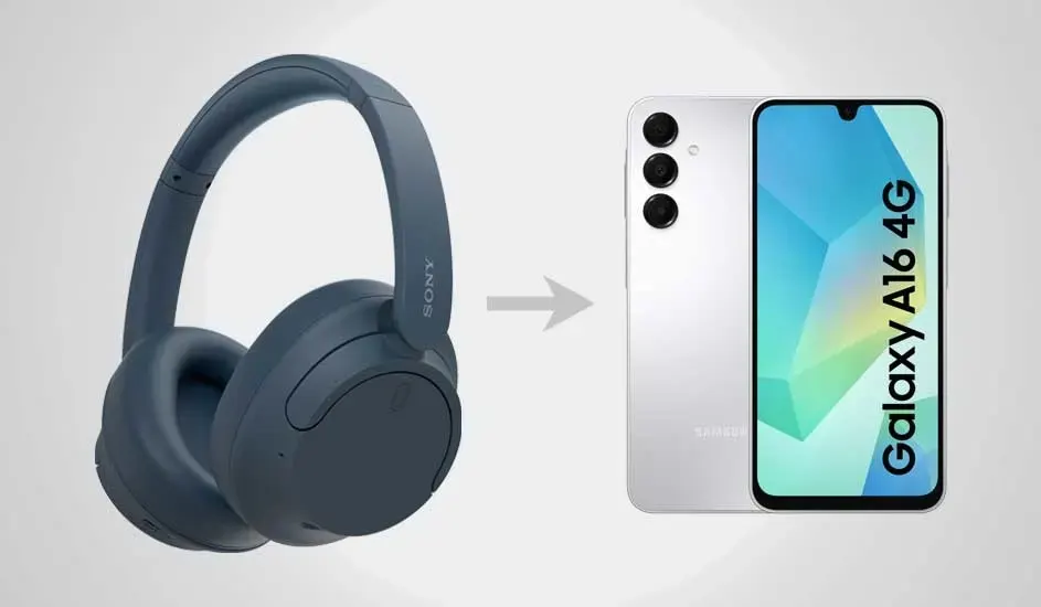 Links staat een donkerblauwe Sony koptelefoon, rechts een zilveren Samsung Galaxy A16 4G smartphone, met een pijl ertussen op grijze achtergrond.