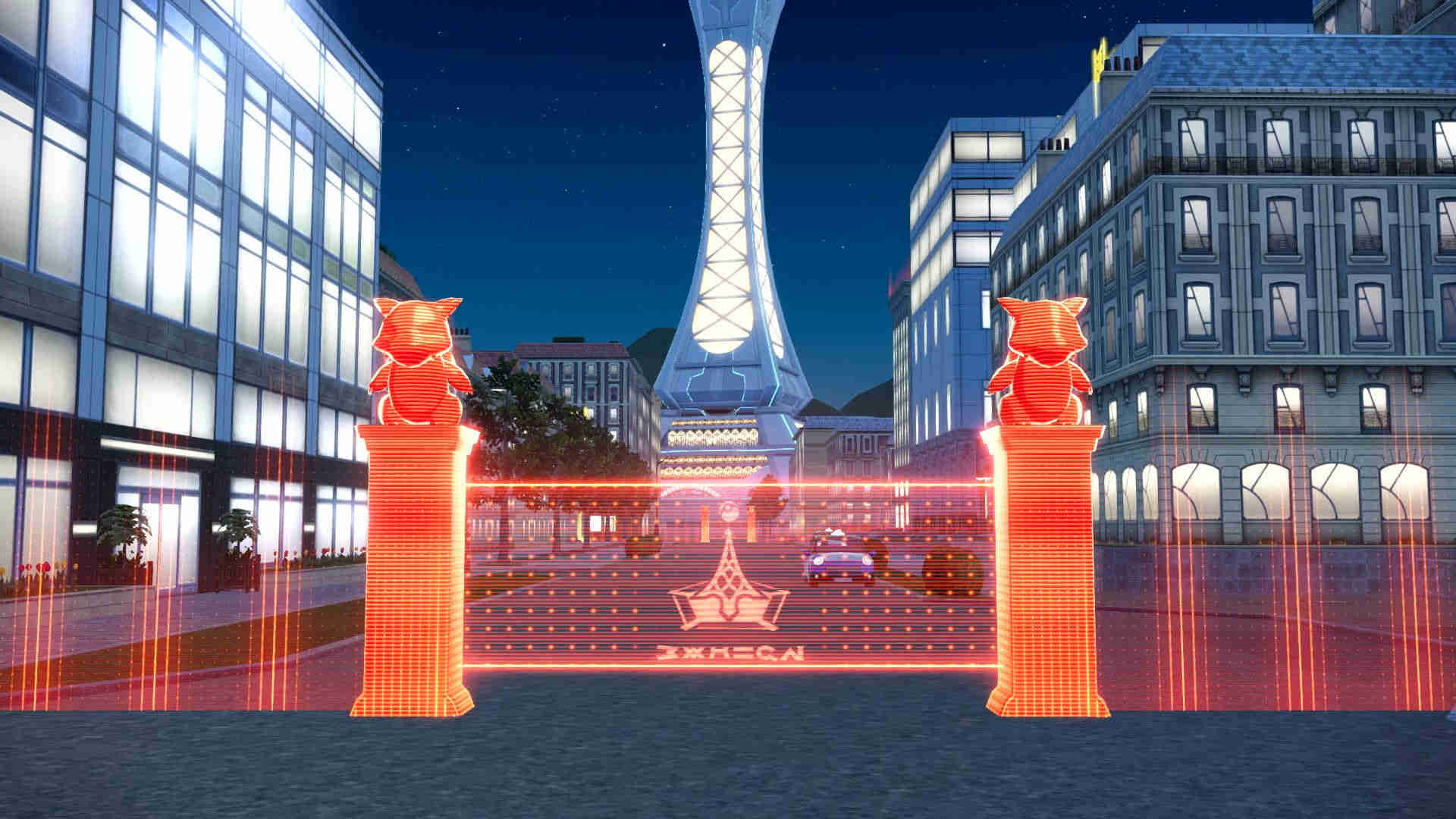 Nachtelijke stadsstraat met rood holografisch hek tussen twee pilaren met dierbeelden; hoge witte toren op de achtergrond, verlichte gebouwen.