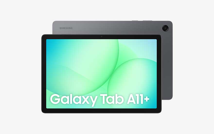 Twee grijze Samsung tablets liggen over elkaar; op het voorste scherm staat “Galaxy Tab A11+” met een groene, zachte achtergrond.