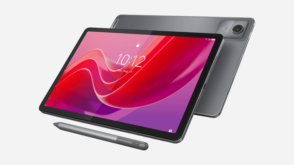 Grijze tablet met stylus; vooraanzicht met rood/roze scherm en tijd 10:12, achterkant toont enkele cameralens.