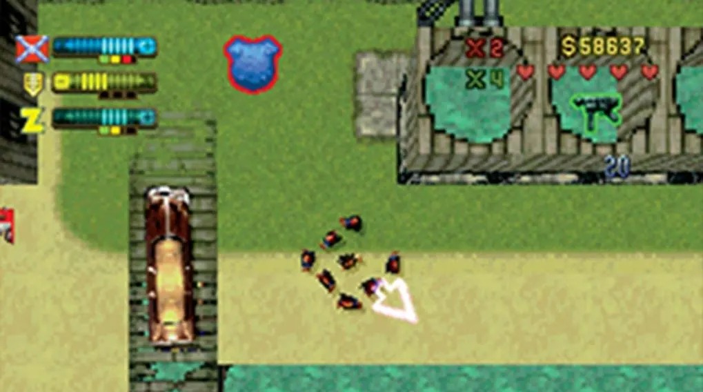 Top down retro city scene with a car, sandy road, grassy areas and a busy game HUD showing weapons, armour and scores.
