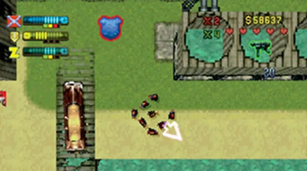 Top down retro city scene with a car, sandy road, grassy areas and a busy game HUD showing weapons, armour and scores.