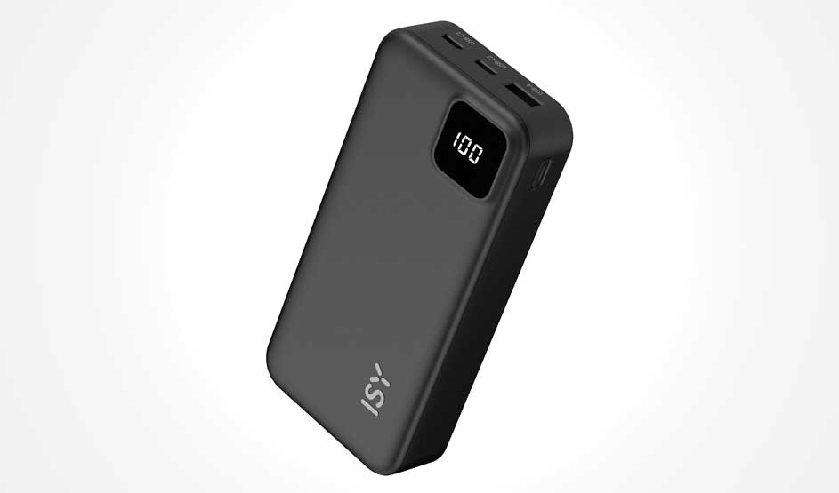 A black portable powerbank with digital display shows 100% battery status. Two USB ports visible at the top. Compact, rectangular design for mobile charging on the go.