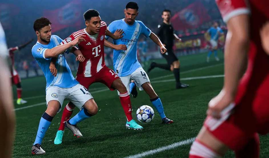 Voetballers van Manchester City en Bayern München strijden om de bal op het veld. Het merk EA Sports is te herkennen aan de voetbalgame.