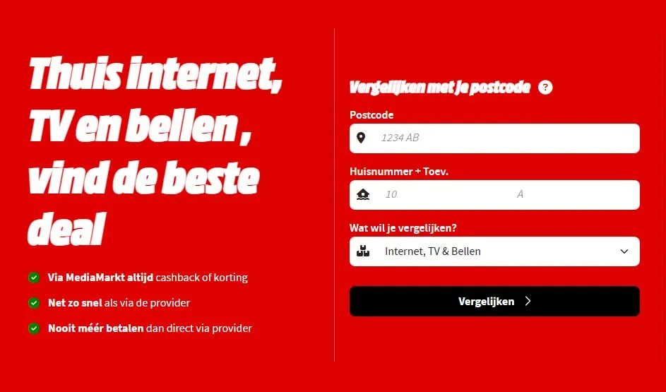 Op een rode achtergrond staat “Thuis internet, TV en bellen, vind de beste deal” met het MediaMarkt-logo en een vergelijkingstool.