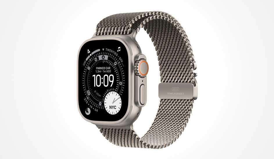 A rectangular metallic smartwatch face with dark dial and a finely woven stainless steel watch strap.