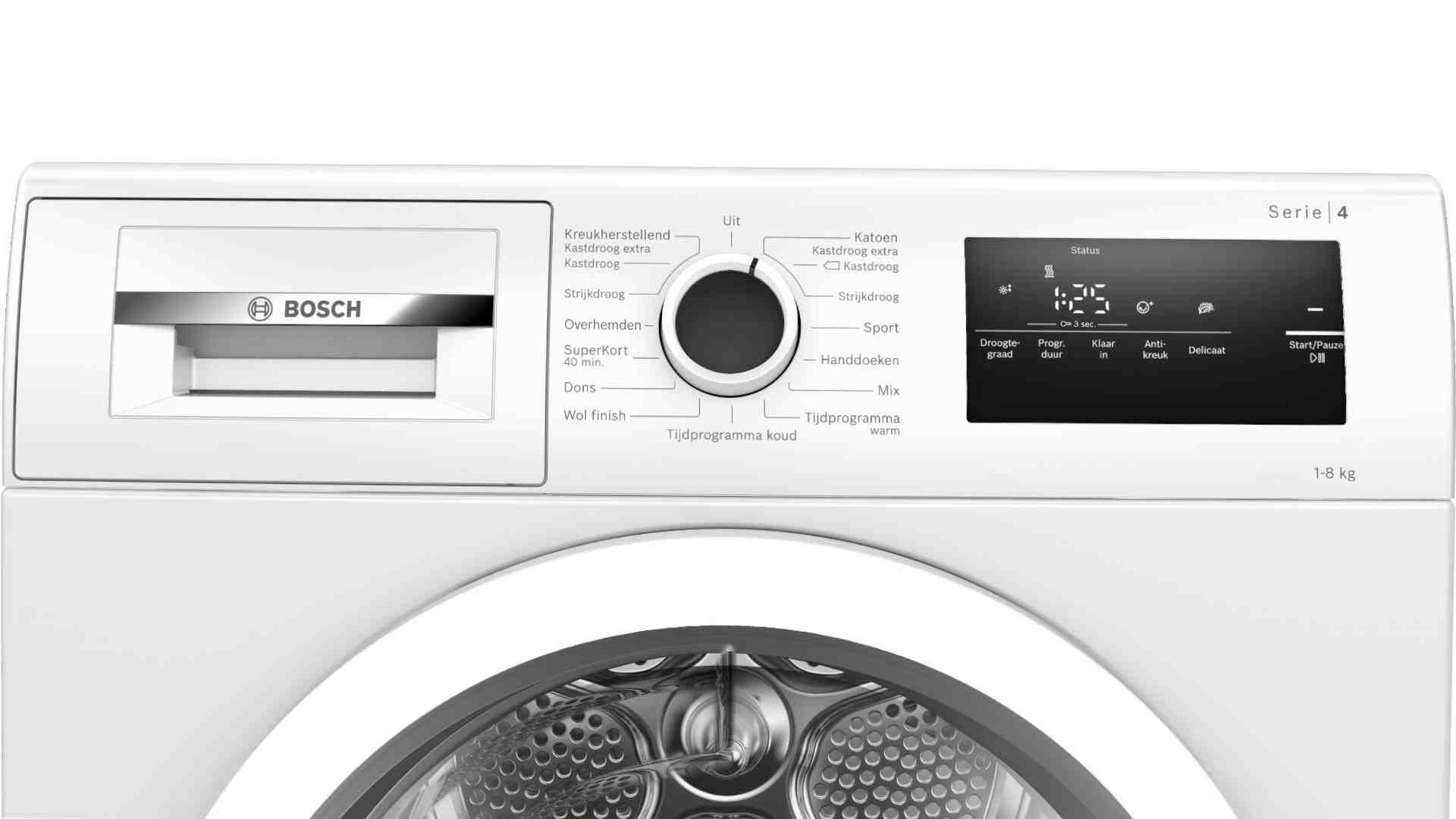 Witte Bosch wasdroger met display, draaiknop en wasmiddellade. Het display toont de status en de resterende tijd.