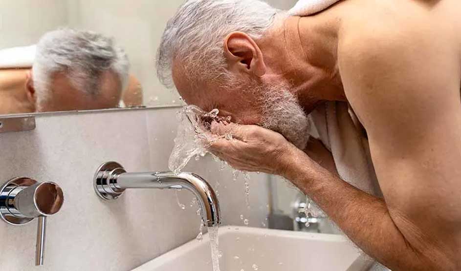 An older man bends over the sink and splashes water on his face; his reflection is visible in the bathroom mirror.