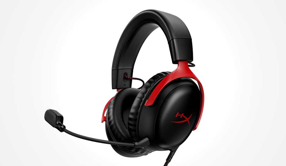 A black gaming headset with red metal arms, soft cushioned earcups and a flexible boom mic on a clean bright white background.