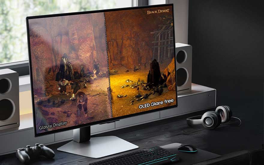 A gaming monitor displays a game scene comparing glossy and OLED glare free modes, set on a neat desk with speakers and headset.