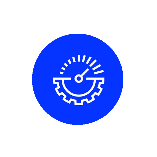 Wit pictogram op een blauwe achtergrond toont een snelheidsmeter boven een half tandwiel. Streepjes geven snelheid aan.