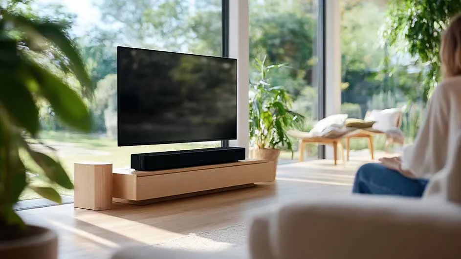 Woonkamer met tv op een houten kast, zwarte soundbar, planten en een zithoek bij een groot raam met uitzicht op groen.