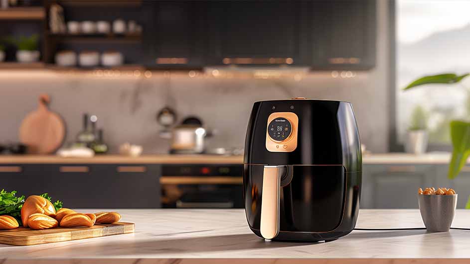 Zwarte airfryer met gouden details op een aanrecht, brood op een houten plank en een grijze beker in een keuken.