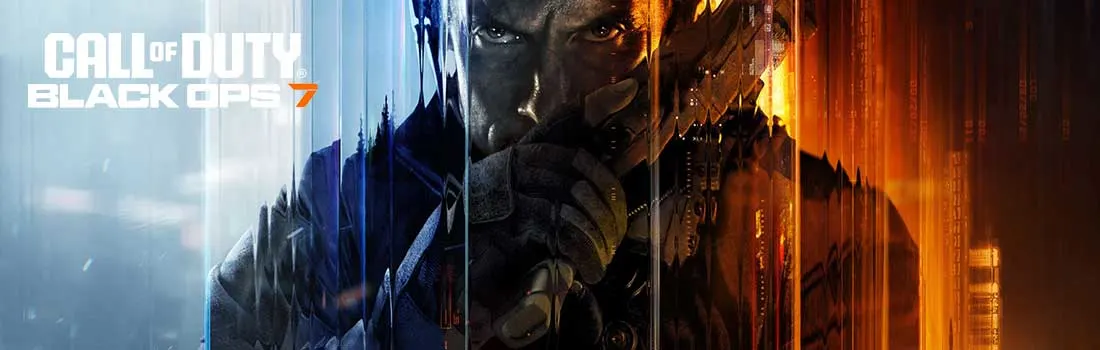 Call of Duty Black Ops 7 logo featuring dramatic soldier lit in blue and orange lighting, intense gaze, military gear visible