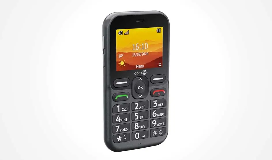 Een eenvoudige mobiele telefoon met groot scherm toont tijd 16:10 en datum 15/09/2024. Gele en rode achtergrond. Fysieke toetsen, 4G-signaal, ideaal voor senioren.