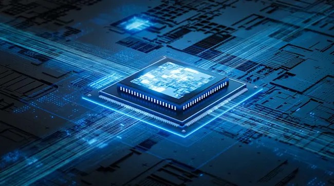 A glowing computer chip hovers over a blue circuit board, bright data streams crossing around it to symbolise speed and processing power.
