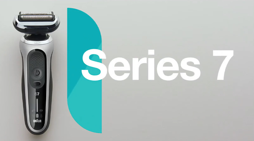 Een zilverkleurig Braun Series 7 scheerapparaat staat links naast de tekst "Series 7" op een grijze achtergrond met een blauwgroene halve cirkel.