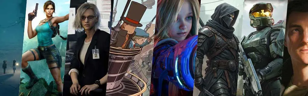 A collage of several game heroes: armed adventurer, glamorous woman, cartoon figures, sci‑fi girl, masked warrior, and a futuristic soldier.