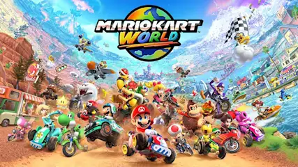 Mario Kart World-beeld met kleurrijke personages en voertuigen op diverse parcoursen. Lucht, bergen en water op achtergrond.