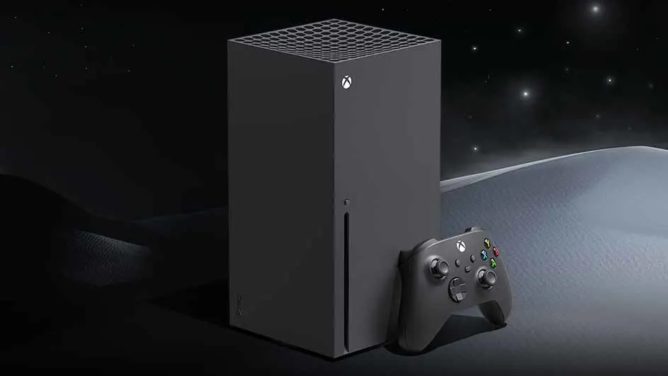 Grijze Xbox Series X en controller op een witte ondergrond tegen een donkere achtergrond met sterren.