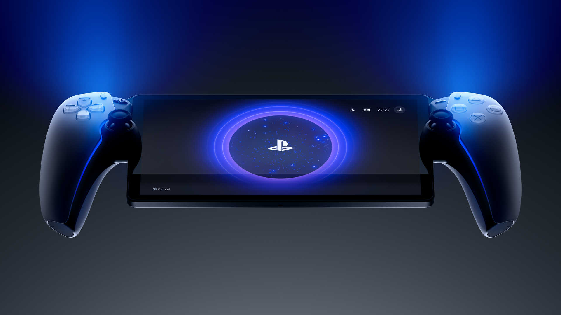 Een PlayStation Portal met twee controllers, getoond op een donkergrijze achtergrond met blauwe belichting. Het scherm toont een PlayStation-logo.