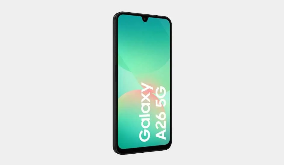 English A slim black smartphone stands angled on a pale background, its bright screen showing soft green shapes and bold white Galaxy A26 5G text.
