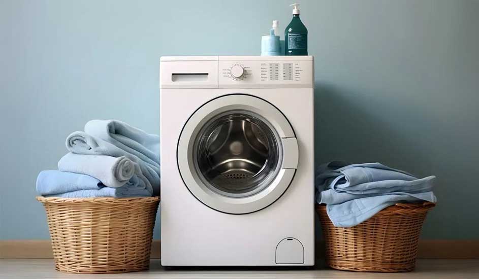 Een witte wasmachine zonder zichtbaar merk staat tussen twee rieten manden met wasgoed, met flessen wasmiddel erop, tegen een blauwe muur.