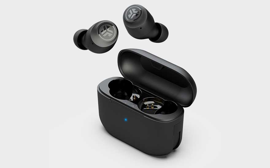 Two black wireless earbuds hover above an open charging case, neatly presented against a simple pale background.