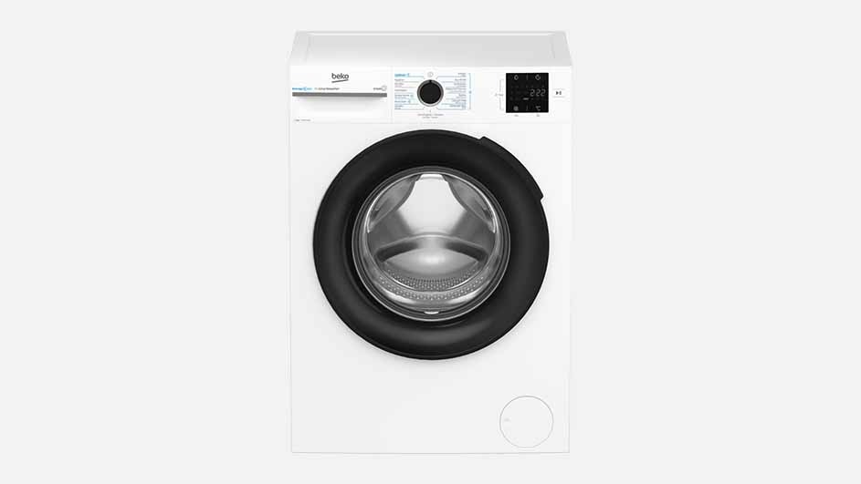 A white Beko washing machine with a large round black door and digital display is shown on a plain background, ready for washing clothes.
