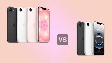 Vergelijking van iPhone-modellen in verschillende kleuren met "VS" in het midden tegen een roze achtergrond.