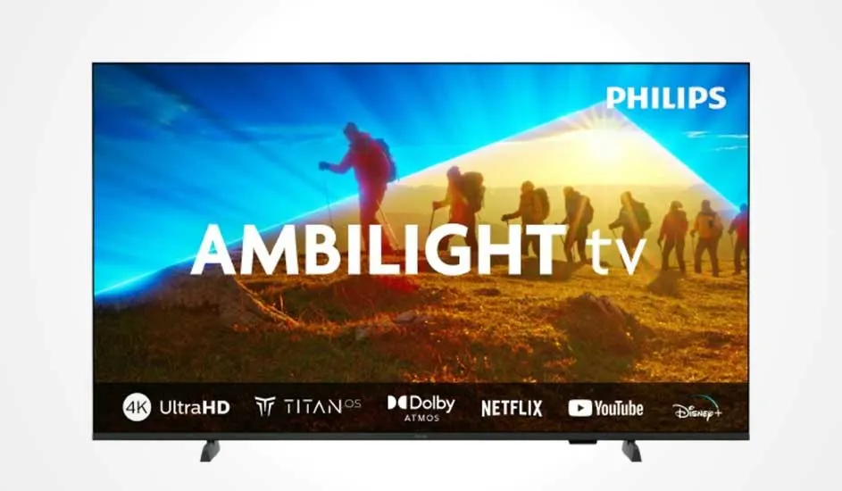 Een Philips Ambilight tv met groot scherm, kleurrijk beeld, 4K Ultra HD, Dolby Atmos en apps zoals Netflix, YouTube en Disney+.