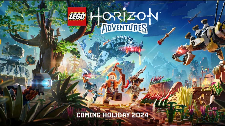 LEGO Horizon Adventures-afbeelding toont LEGO-figuren en mechanische dieren in een kleurrijke, fantasierijke omgeving.