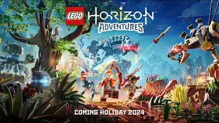 LEGO Horizon Adventures-afbeelding toont LEGO-figuren en mechanische dieren in een kleurrijke, fantasierijke omgeving.