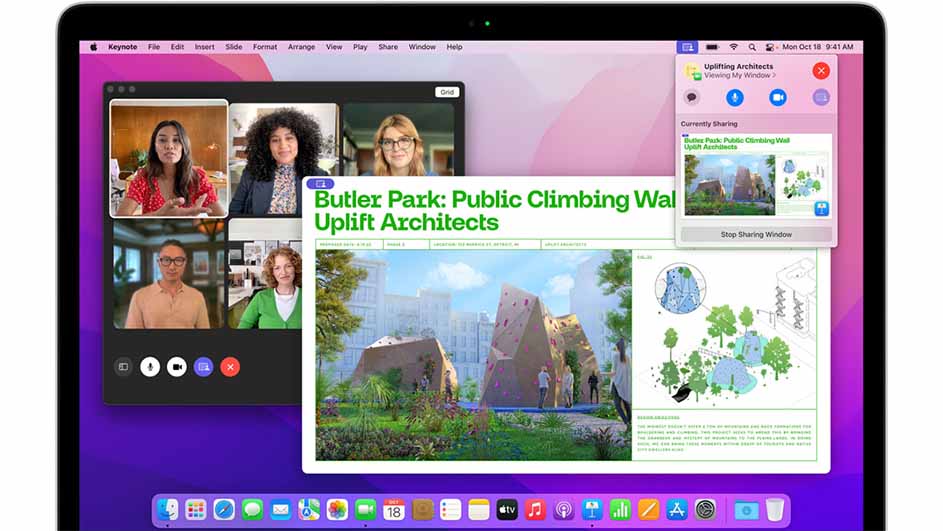 Een laptop toont een video gesprek en een website over een klimmuur in Butler Park, met app-iconen onderaan.