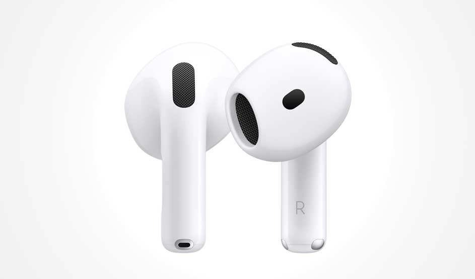 Two white wireless earbuds with black mesh grilles sit side by side on a pale background; one bud shows an R marking.