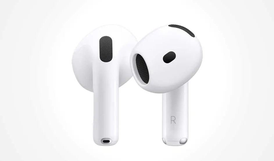 Two white wireless earbuds with black mesh grilles sit side by side on a pale background; one bud shows an R marking.