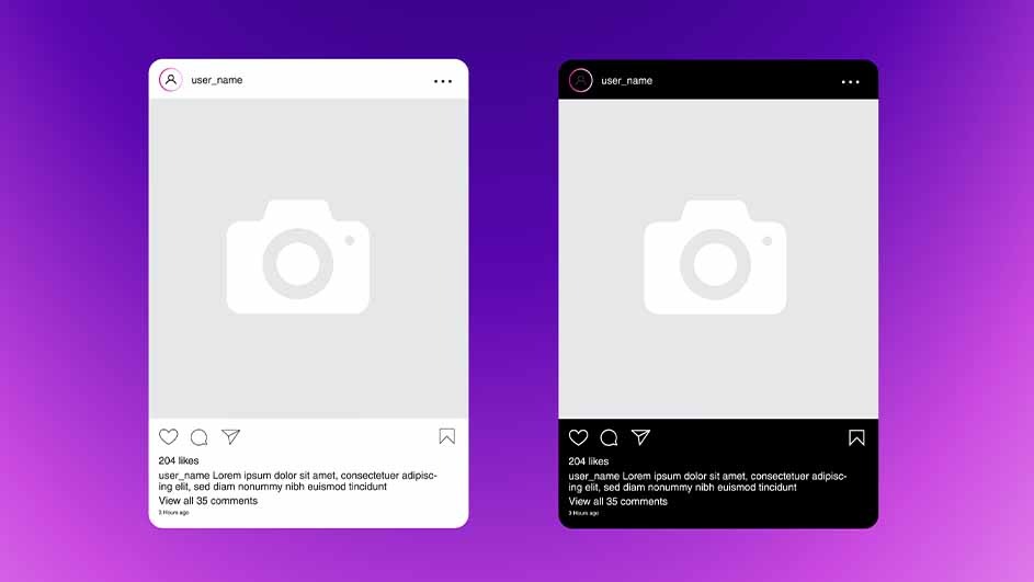Two social media post templates, one light and one dark, feature a camera icon. They include like, comment, and share options.