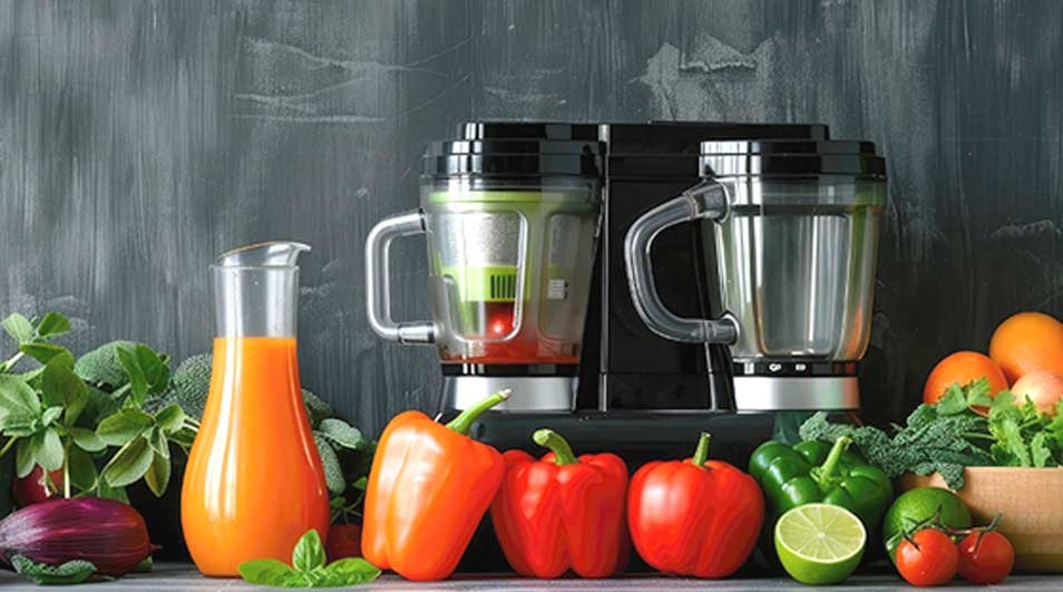 Row of colourful vegetables and herbs lined up before two sleek juicers, with a glass jug of bright orange juice in the centre.